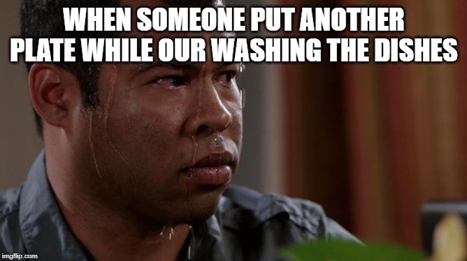 sweating bullets | WHEN SOMEONE PUT ANOTHER PLATE WHILE OUR WASHING THE DISHES | image tagged in sweating bullets | made w/ Imgflip meme maker