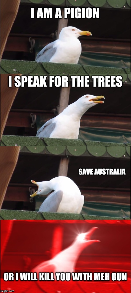Inhaling Seagull | I AM A PIGION; I SPEAK FOR THE TREES; SAVE AUSTRALIA; OR I WILL KILL YOU WITH MEH GUN | image tagged in memes,inhaling seagull | made w/ Imgflip meme maker