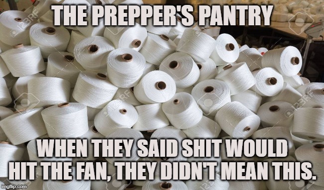 That's a lot of fans | THE PREPPER'S PANTRY; WHEN THEY SAID SHIT WOULD HIT THE FAN, THEY DIDN'T MEAN THIS. | image tagged in prepper,survivalist,toilet paper,shtf,pantry,end of the world | made w/ Imgflip meme maker