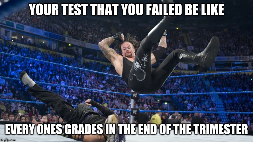 Meme Smackdown | YOUR TEST THAT YOU FAILED BE LIKE; EVERY ONES GRADES IN THE END OF THE TRIMESTER | image tagged in meme smackdown | made w/ Imgflip meme maker