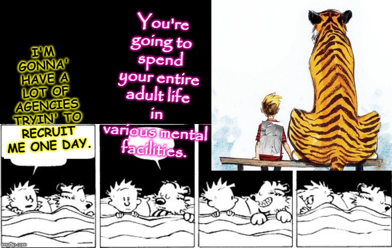 Bubble Burster (Calvin and Hobbes) | You're going to spend your entire adult life in various mental facilities. I'M GONNA' HAVE A LOT OF AGENCIES TRYIN' TO RECRUIT ME ONE DAY. | image tagged in bubble burster calvin and hobbes | made w/ Imgflip meme maker