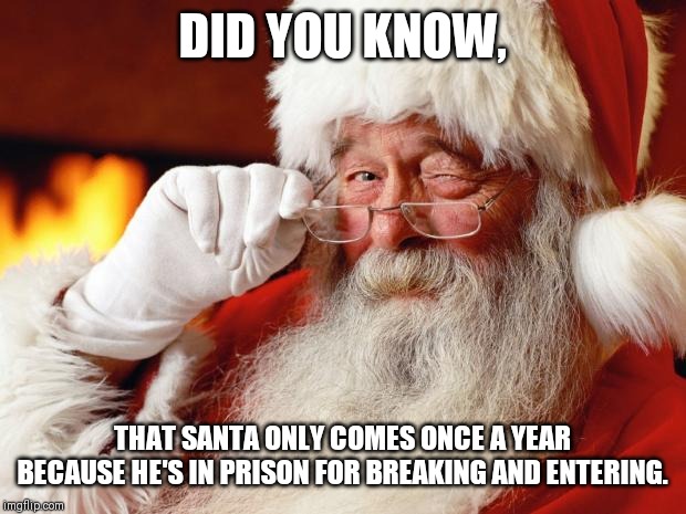 santa | DID YOU KNOW, THAT SANTA ONLY COMES ONCE A YEAR BECAUSE HE'S IN PRISON FOR BREAKING AND ENTERING. | image tagged in santa | made w/ Imgflip meme maker