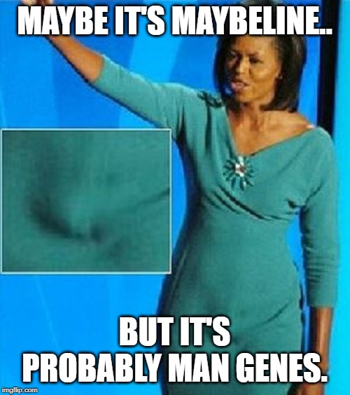 Michelle Obama Has a Penis | MAYBE IT'S MAYBELINE.. BUT IT'S PROBABLY MAN GENES. | image tagged in michelle obama has a penis | made w/ Imgflip meme maker
