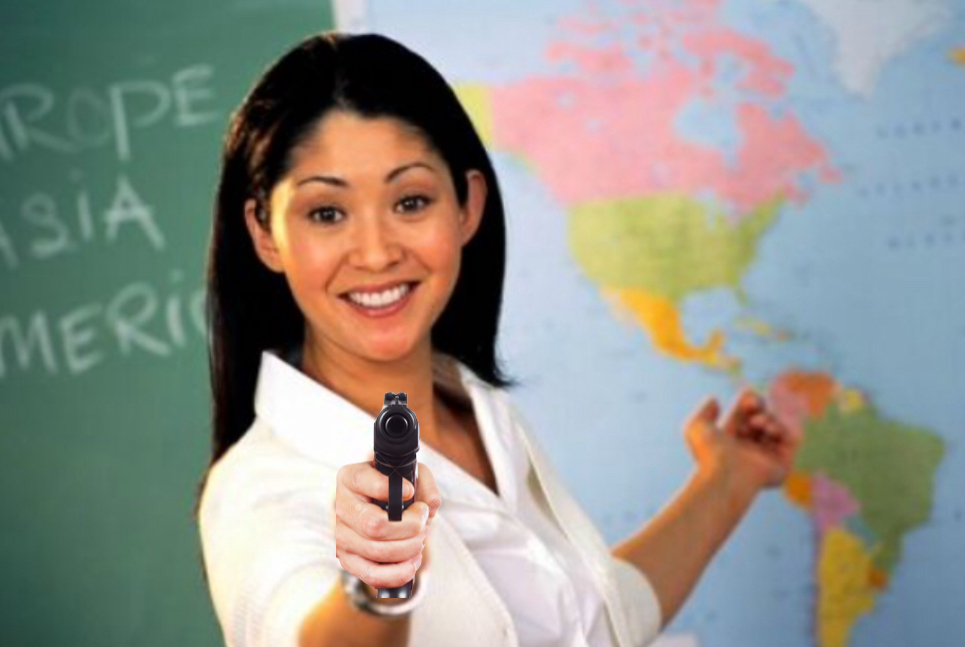 Unhelpful high school teacher holding gun. Blank Meme Template