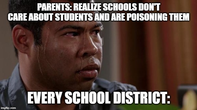 sweating bullets | PARENTS: REALIZE SCHOOLS DON'T CARE ABOUT STUDENTS AND ARE POISONING THEM; EVERY SCHOOL DISTRICT: | image tagged in sweating bullets | made w/ Imgflip meme maker