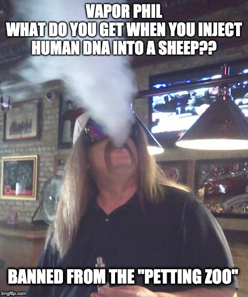 VAPOR PHIL
WHAT DO YOU GET WHEN YOU INJECT HUMAN DNA INTO A SHEEP?? BANNED FROM THE "PETTING ZOO" | image tagged in funny,dark humor,adult humor,sick humor,funny stuff | made w/ Imgflip meme maker