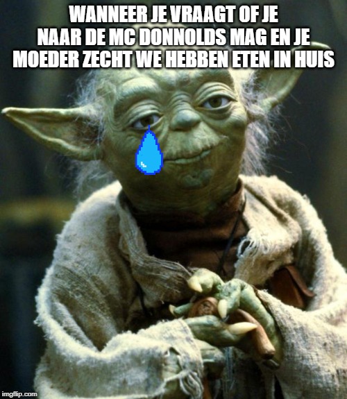 Star Wars Yoda Meme | WANNEER JE VRAAGT OF JE NAAR DE MC DONNOLDS MAG EN JE MOEDER ZECHT WE HEBBEN ETEN IN HUIS | image tagged in memes,star wars yoda | made w/ Imgflip meme maker