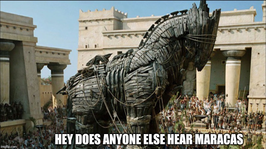 Trojan Horse | HEY DOES ANYONE ELSE HEAR MARACAS | image tagged in trojan horse | made w/ Imgflip meme maker