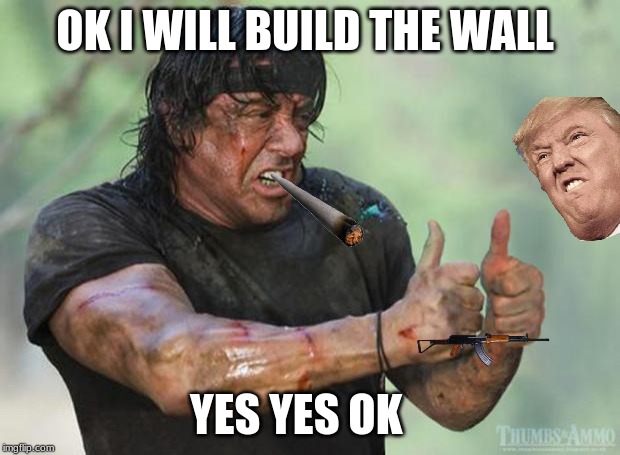 Thumbs Up Rambo | OK I WILL BUILD THE WALL; YES YES OK | image tagged in thumbs up rambo | made w/ Imgflip meme maker