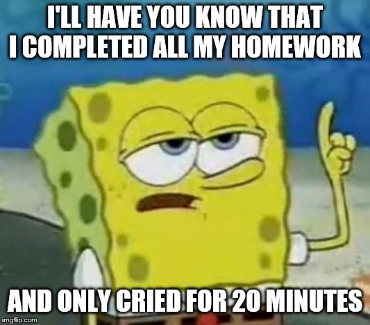 I'll Have You Know Spongebob | I'LL HAVE YOU KNOW THAT I COMPLETED ALL MY HOMEWORK; AND ONLY CRIED FOR 20 MINUTES | image tagged in memes,ill have you know spongebob | made w/ Imgflip meme maker
