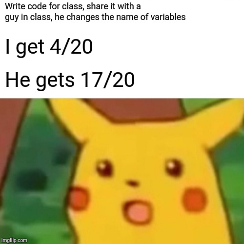 Surprised Pikachu Meme | Write code for class, share it with a guy in class, he changes the name of variables; I get 4/20; He gets 17/20 | image tagged in memes,surprised pikachu,ProgrammerHumor | made w/ Imgflip meme maker