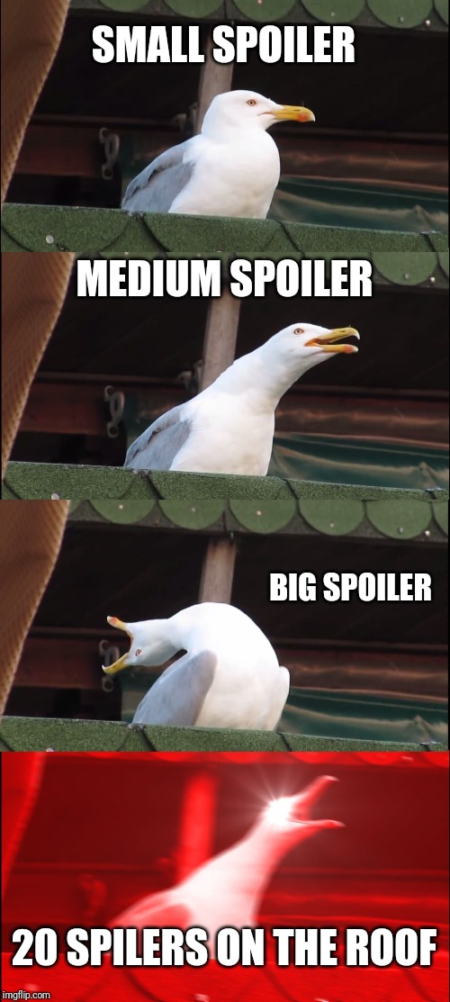 Inhaling Seagull Meme | SMALL SPOILER; MEDIUM SPOILER; BIG SPOILER; 20 SPILERS ON THE ROOF | image tagged in memes,inhaling seagull | made w/ Imgflip meme maker