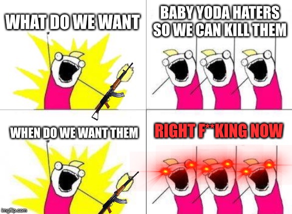 What Do We Want | WHAT DO WE WANT; BABY YODA HATERS SO WE CAN KILL THEM; RIGHT F**KING NOW; WHEN DO WE WANT THEM | image tagged in memes,what do we want | made w/ Imgflip meme maker