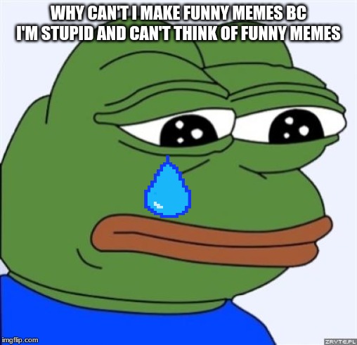sad frog | WHY CAN'T I MAKE FUNNY MEMES BC I'M STUPID AND CAN'T THINK OF FUNNY MEMES | image tagged in sad frog | made w/ Imgflip meme maker