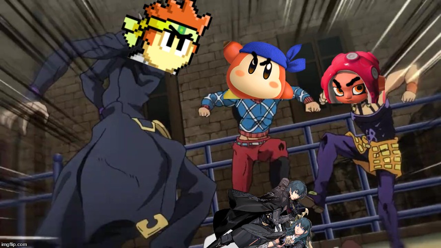 Our Favorite characters we want in smash beats up Byleth | image tagged in jojo gang beating up,dan the man,bandana dee,super smash bros | made w/ Imgflip meme maker