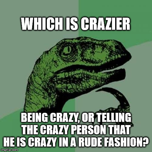 Philosoraptor Meme | WHICH IS CRAZIER; BEING CRAZY, OR TELLING THE CRAZY PERSON THAT HE IS CRAZY IN A RUDE FASHION? | image tagged in memes,philosoraptor | made w/ Imgflip meme maker