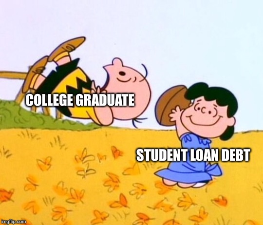 Reality 101 | COLLEGE GRADUATE; STUDENT LOAN DEBT | image tagged in charlie brown,student loans,college | made w/ Imgflip meme maker