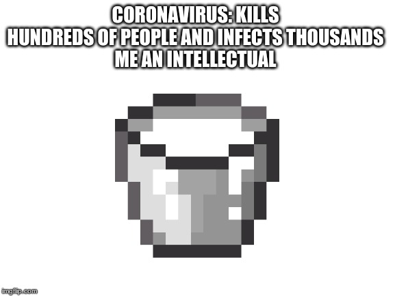 CORONAVIRUS: KILLS HUNDREDS OF PEOPLE AND INFECTS THOUSANDS
ME AN INTELLECTUAL | made w/ Imgflip meme maker