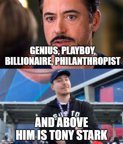 GENIUS, PLAYBOY, BILLIONAIRE, PHILANTHROPIST; AND ABOVE HIM IS TONY STARK | image tagged in mr beast | made w/ Imgflip meme maker