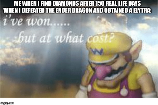 Wario | ME WHEN I FIND DIAMONDS AFTER 150 REAL LIFE DAYS WHEN I DEFEATED THE ENDER DRAGON AND OBTAINED A ELYTRA: | image tagged in wario | made w/ Imgflip meme maker