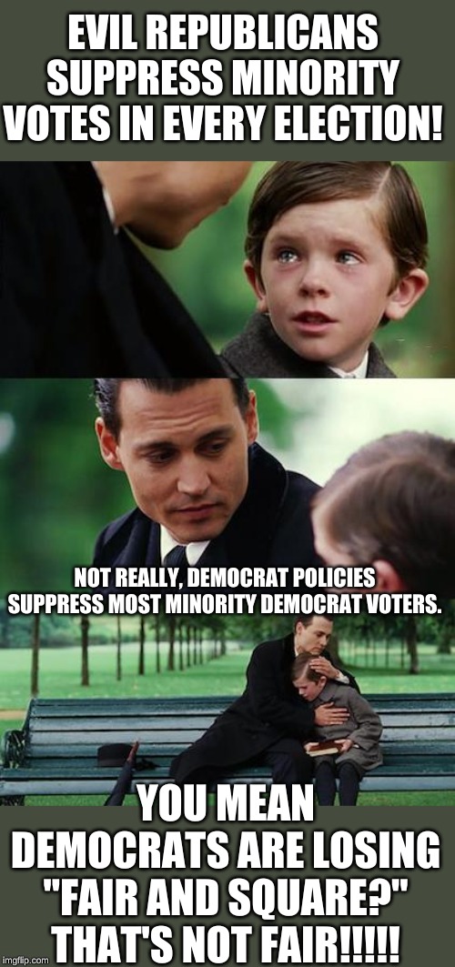 Well Comrade Pelosi, I suggest if we can't win with our brilliant ideas and good looks we resort to impeachment! | EVIL REPUBLICANS SUPPRESS MINORITY VOTES IN EVERY ELECTION! NOT REALLY, DEMOCRAT POLICIES SUPPRESS MOST MINORITY DEMOCRAT VOTERS. YOU MEAN DEMOCRATS ARE LOSING "FAIR AND SQUARE?" THAT'S NOT FAIR!!!!! | image tagged in memes,finding neverland | made w/ Imgflip meme maker