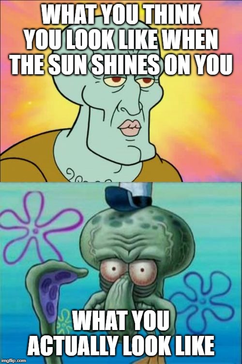 Squidward Meme | WHAT YOU THINK YOU LOOK LIKE WHEN THE SUN SHINES ON YOU; WHAT YOU ACTUALLY LOOK LIKE | image tagged in memes,squidward | made w/ Imgflip meme maker