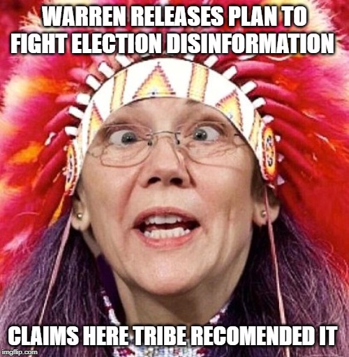 Warren releases plan to fight election disinformation | WARREN RELEASES PLAN TO FIGHT ELECTION DISINFORMATION; CLAIMS HERE TRIBE RECOMENDED IT | image tagged in elizabeth warren | made w/ Imgflip meme maker