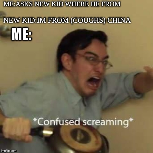 filthy frank confused scream | ME:ASKS NEW KID WHERE HE FROM; NEW KID:IM FROM (COUGHS) CHINA; ME: | image tagged in filthy frank confused scream | made w/ Imgflip meme maker