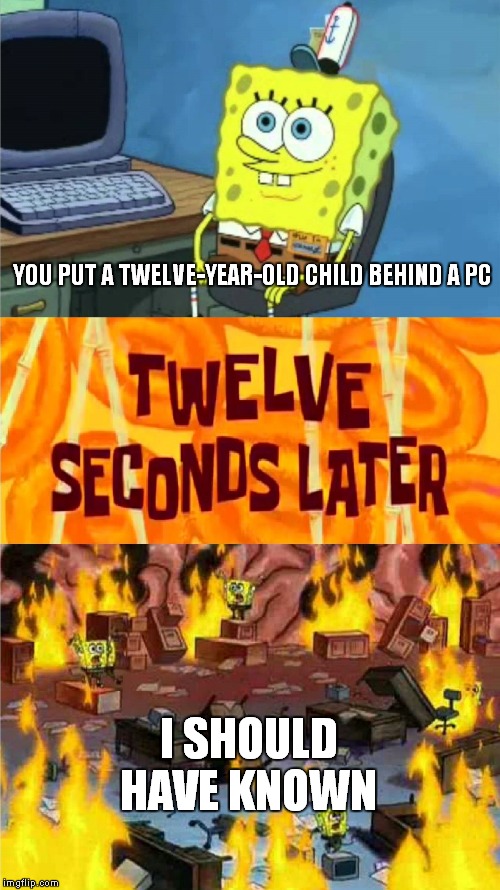 spongebob office rage | YOU PUT A TWELVE-YEAR-OLD CHILD BEHIND A PC; I SHOULD HAVE KNOWN | image tagged in spongebob office rage | made w/ Imgflip meme maker