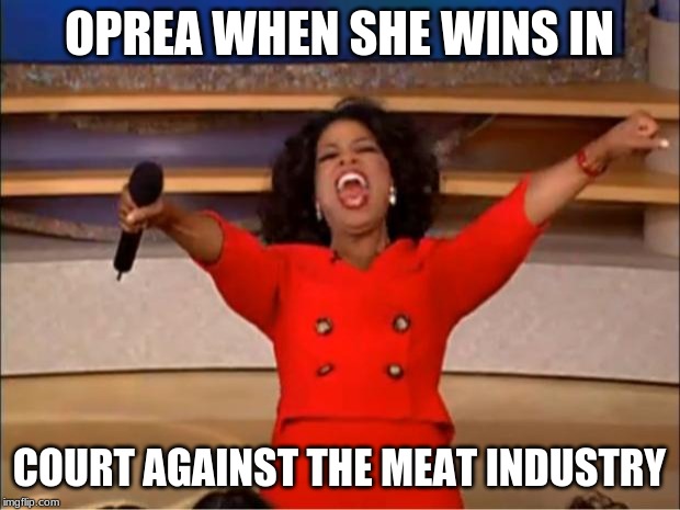 Oprah You Get A | OPREA WHEN SHE WINS IN; COURT AGAINST THE MEAT INDUSTRY | image tagged in memes,oprah you get a | made w/ Imgflip meme maker