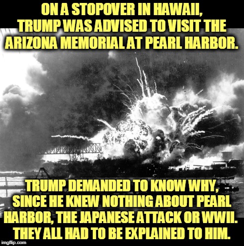 Chronicle of an Ignoramus | ON A STOPOVER IN HAWAII, TRUMP WAS ADVISED TO VISIT THE ARIZONA MEMORIAL AT PEARL HARBOR. TRUMP DEMANDED TO KNOW WHY, SINCE HE KNEW NOTHING ABOUT PEARL HARBOR, THE JAPANESE ATTACK OR WWII. 
THEY ALL HAD TO BE EXPLAINED TO HIM. | image tagged in pearl harbor,wwii,bombs,trump,ignoramus,idiot | made w/ Imgflip meme maker