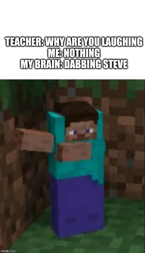 TEACHER: WHY ARE YOU LAUGHING
ME: NOTHING
MY BRAIN: DABBING STEVE | image tagged in super smash bros splash card | made w/ Imgflip meme maker