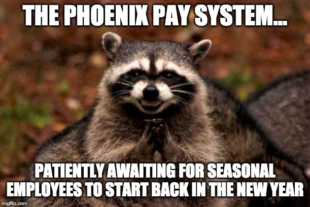 Evil Plotting Raccoon | THE PHOENIX PAY SYSTEM... PATIENTLY AWAITING FOR SEASONAL EMPLOYEES TO START BACK IN THE NEW YEAR | image tagged in memes,evil plotting raccoon | made w/ Imgflip meme maker