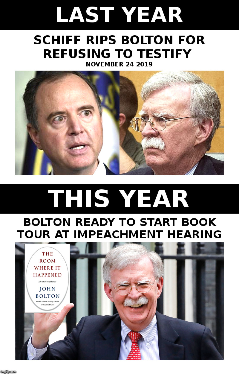 The John Bolton Book Tour | image tagged in adam schiff,john bolton,book,impeachment,trump,witch hunt | made w/ Imgflip meme maker