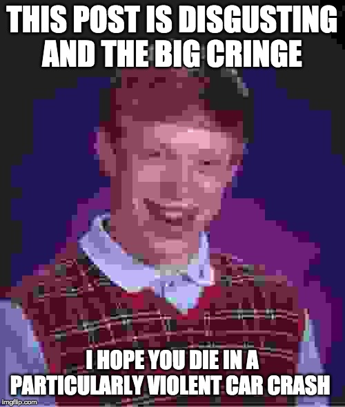Bad Luck Brian Meme | THIS POST IS DISGUSTING AND THE BIG CRINGE I HOPE YOU DIE IN A PARTICULARLY VIOLENT CAR CRASH | image tagged in memes,bad luck brian | made w/ Imgflip meme maker