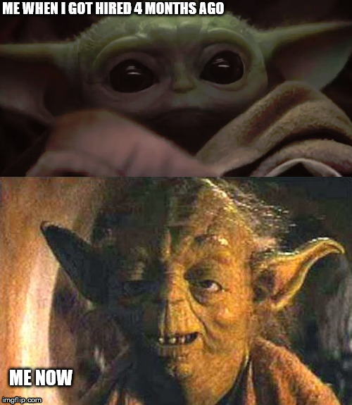 aged | ME WHEN I GOT HIRED 4 MONTHS AGO; ME NOW | image tagged in baby yoda,hired,old,despair | made w/ Imgflip meme maker