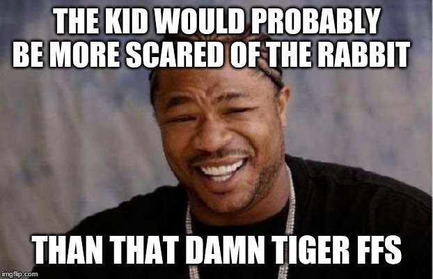 Yo Dawg Heard You Meme | THE KID WOULD PROBABLY BE MORE SCARED OF THE RABBIT THAN THAT DAMN TIGER FFS | image tagged in memes,yo dawg heard you | made w/ Imgflip meme maker