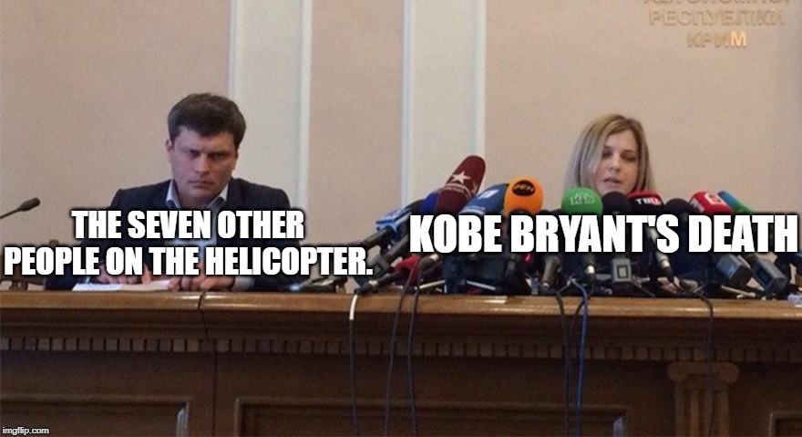 Man and woman microphone | THE SEVEN OTHER PEOPLE ON THE HELICOPTER. KOBE BRYANT'S DEATH | image tagged in man and woman microphone | made w/ Imgflip meme maker