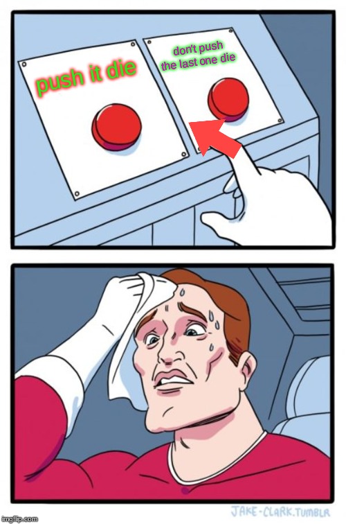 Two Buttons Meme | don't push the last one die; push it die | image tagged in memes,two buttons | made w/ Imgflip meme maker