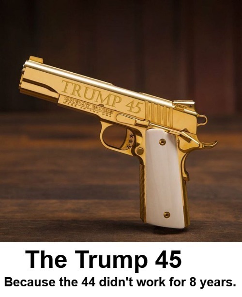 Introducing the Trump .45 | image tagged in trump 45,potus45,guns and roses,pistol,2nd amendment,molon labe | made w/ Imgflip meme maker