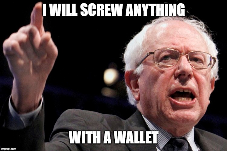 Bernie Wallet Love - Safe for TV version | I WILL SCREW ANYTHING; WITH A WALLET | image tagged in bernie sanders | made w/ Imgflip meme maker