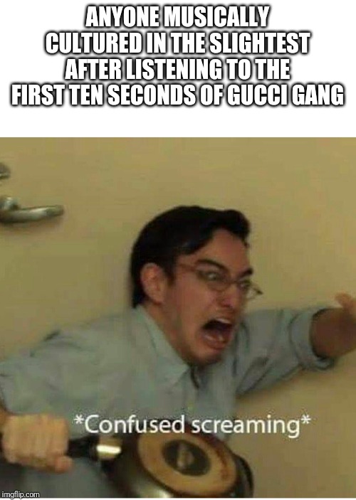 confused screaming | ANYONE MUSICALLY CULTURED IN THE SLIGHTEST AFTER LISTENING TO THE FIRST TEN SECONDS OF GUCCI GANG | image tagged in confused screaming | made w/ Imgflip meme maker