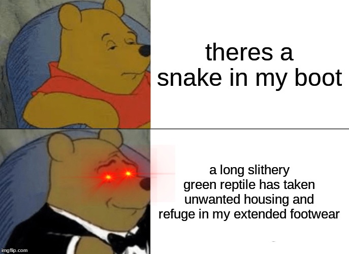 Tuxedo Winnie The Pooh | theres a snake in my boot; a long slithery green reptile has taken unwanted housing and refuge in my extended footwear | image tagged in memes,tuxedo winnie the pooh | made w/ Imgflip meme maker