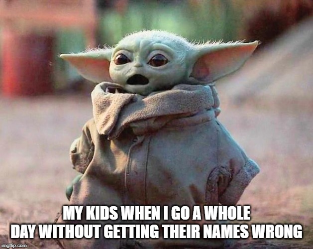 Surprised Baby Yoda | MY KIDS WHEN I GO A WHOLE DAY WITHOUT GETTING THEIR NAMES WRONG | image tagged in surprised baby yoda | made w/ Imgflip meme maker