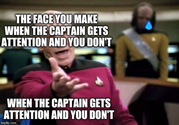 Picard Wtf | THE FACE YOU MAKE WHEN THE CAPTAIN GETS ATTENTION AND YOU DON'T; WHEN THE CAPTAIN GETS ATTENTION AND YOU DON'T | image tagged in memes,picard wtf | made w/ Imgflip meme maker