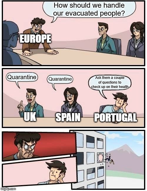 Boardroom Meeting Suggestion Meme | How should we handle our evacuated people? EUROPE; Quarantine; Quarantine; Ask them a couple of questions to check up on their health; SPAIN; PORTUGAL; UK | image tagged in memes,boardroom meeting suggestion | made w/ Imgflip meme maker