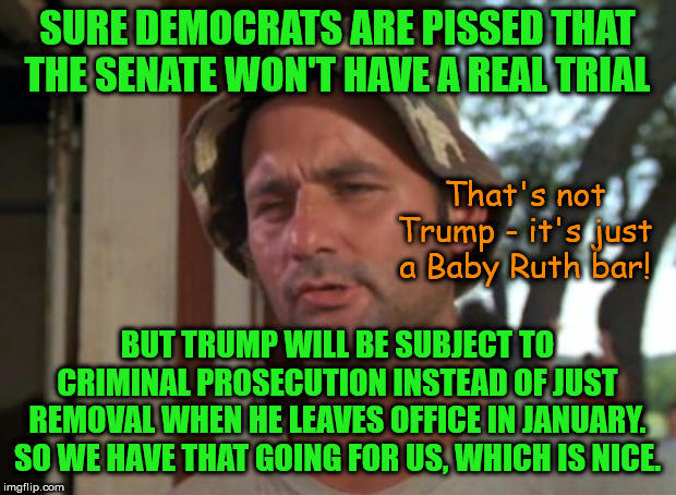 Let the punishment fit the crimes! | SURE DEMOCRATS ARE PISSED THAT THE SENATE WON'T HAVE A REAL TRIAL; That's not Trump - it's just a Baby Ruth bar! BUT TRUMP WILL BE SUBJECT TO CRIMINAL PROSECUTION INSTEAD OF JUST REMOVAL WHEN HE LEAVES OFFICE IN JANUARY. SO WE HAVE THAT GOING FOR US, WHICH IS NICE. | image tagged in memes,so i got that goin for me which is nice,politics | made w/ Imgflip meme maker