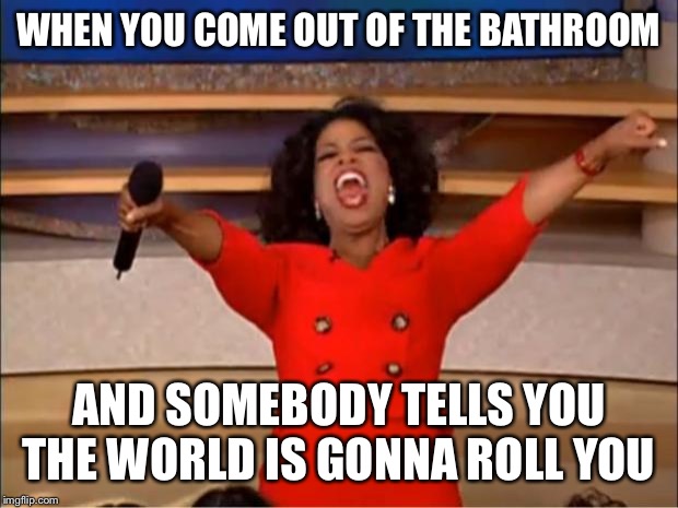 Oprah You Get A | WHEN YOU COME OUT OF THE BATHROOM; AND SOMEBODY TELLS YOU THE WORLD IS GONNA ROLL YOU | image tagged in memes,oprah you get a | made w/ Imgflip meme maker