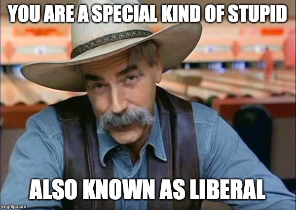 Sam Elliott special kind of stupid | YOU ARE A SPECIAL KIND OF STUPID ALSO KNOWN AS LIBERAL | image tagged in sam elliott special kind of stupid | made w/ Imgflip meme maker