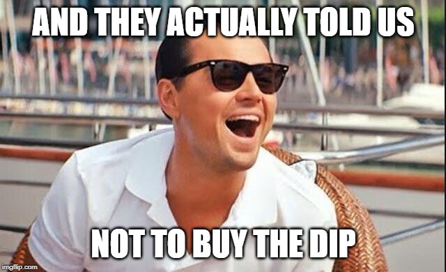 Laughing leo | AND THEY ACTUALLY TOLD US; NOT TO BUY THE DIP | image tagged in laughing leo | made w/ Imgflip meme maker